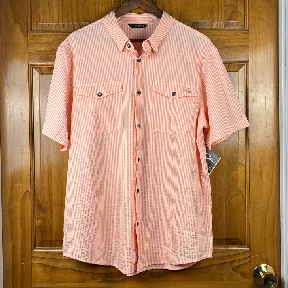 Drake Waterfowl Mens Seersucker Fishing Shirt Peach Striped Short Sleeve Lg NEW